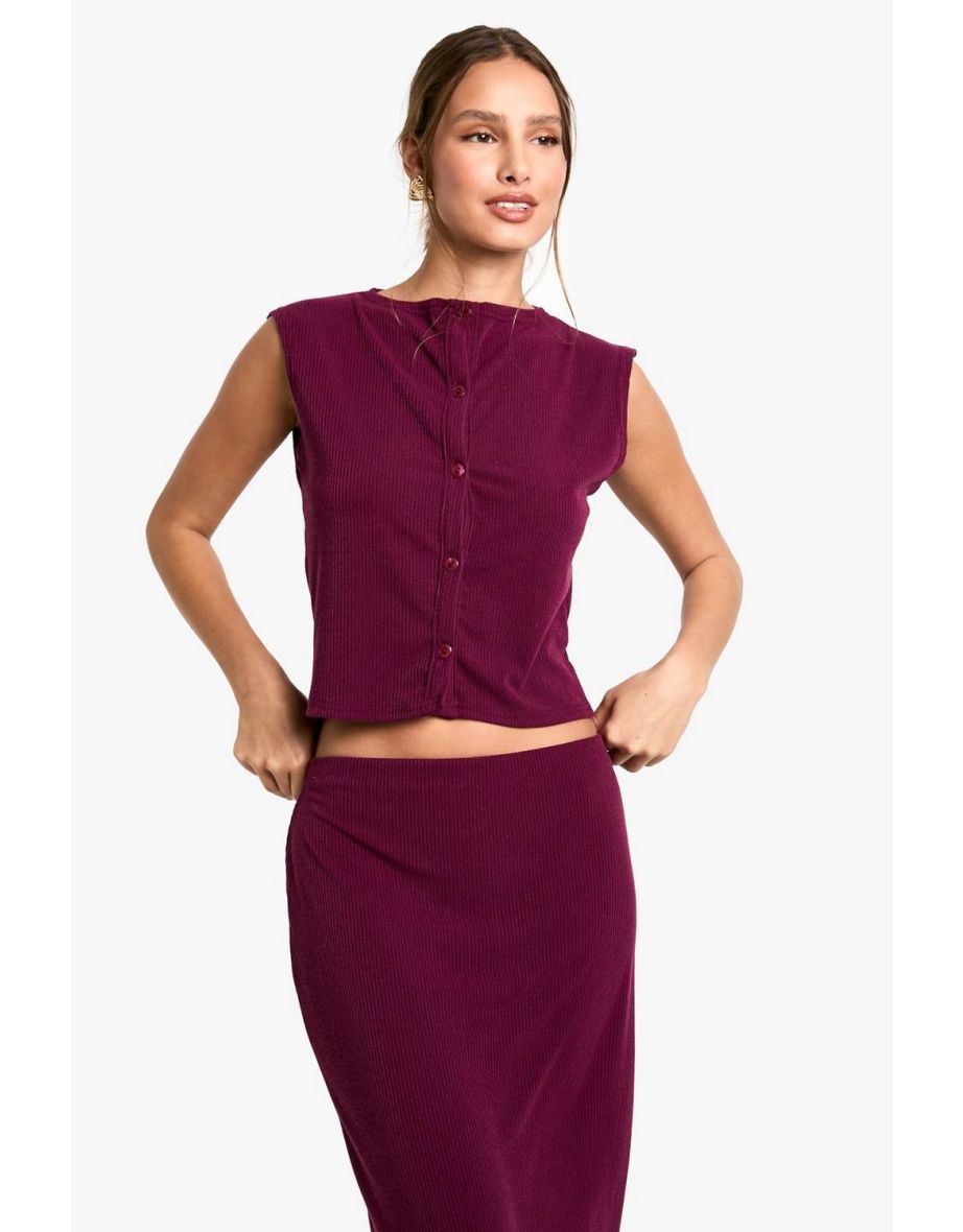 Soft Rib Button Through Top and Maxi Skirt Coord - plum - 3