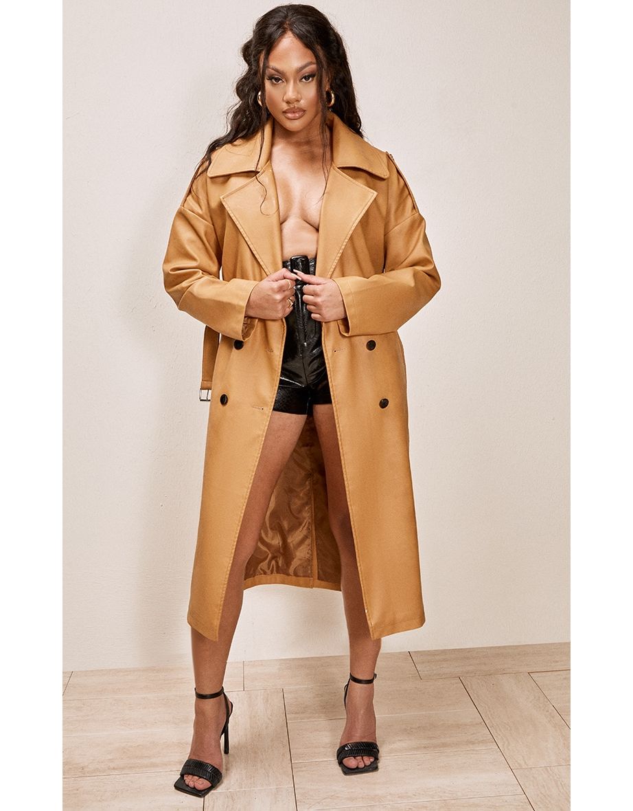 Camel Faux Leather Drop Arm Midi Trench - 2