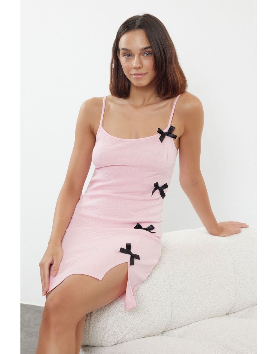 Powder Ribbon/Bow and Slit Detailed Rope Strap Ribbed Knitted Nightgown
