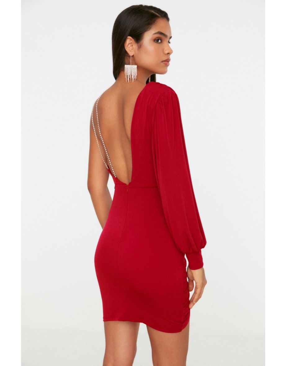Red Shiny Stone Knitted Short Elegant Evening Dress - 4