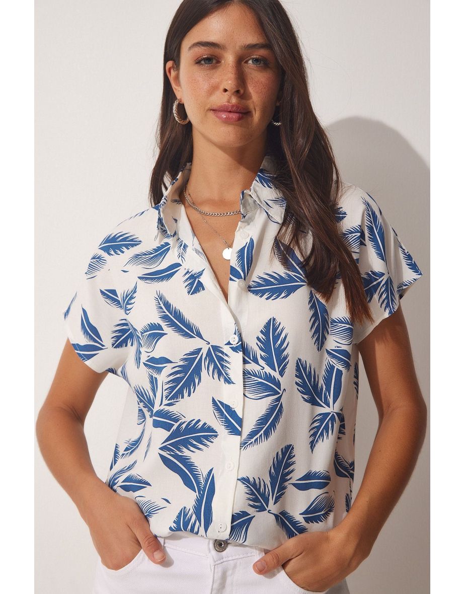 Women's Blue and White Patterned Viscose Shirt - 3