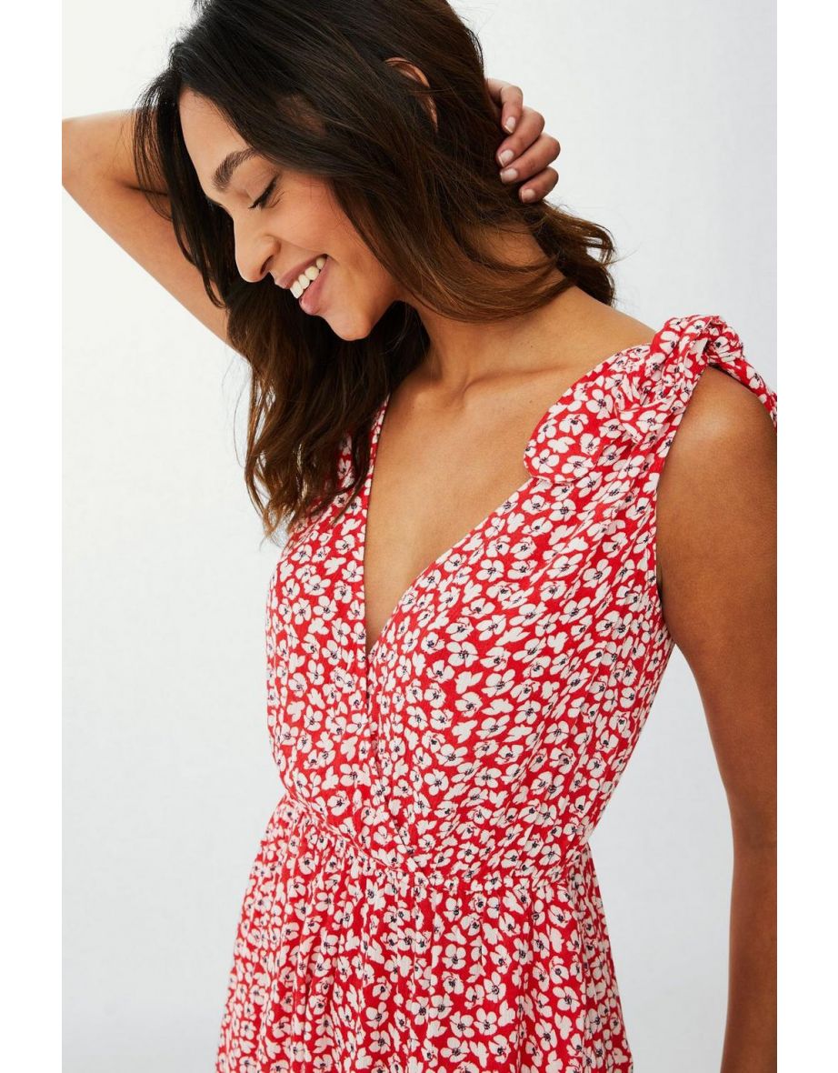 Ditsy Floral Tie Shoulder Crinkle Playsuit - red - 3