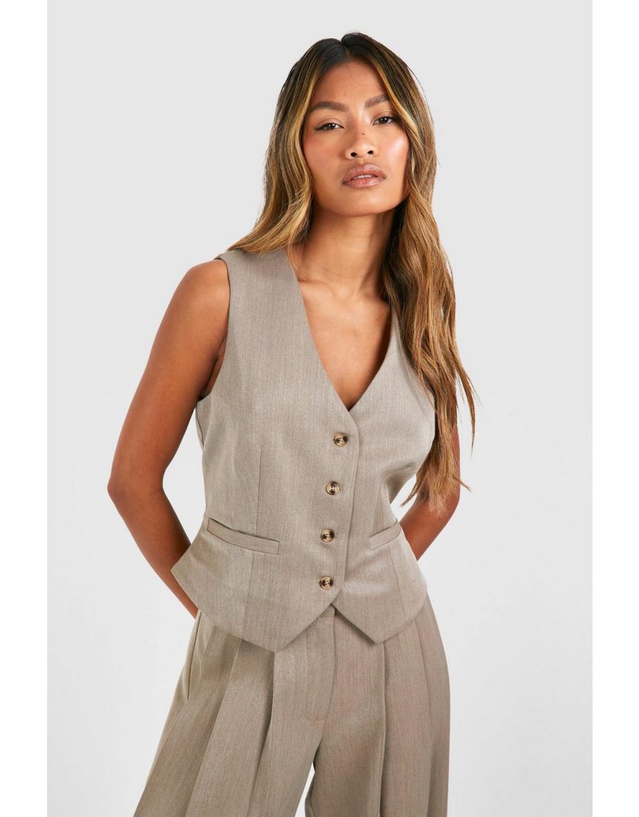 Linen Look Mock Horn Fitted Waistcoat - taupe