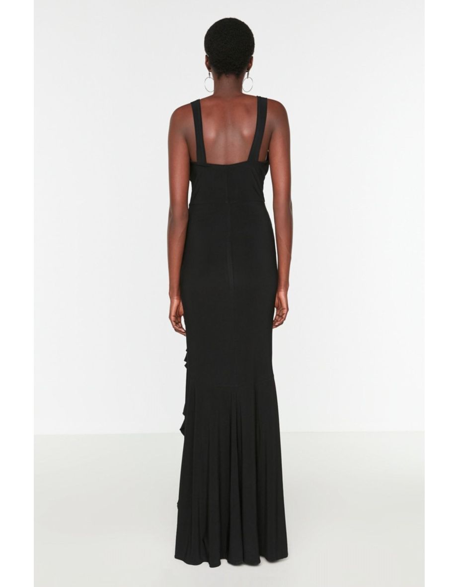 Black Ruched Pleated Bodycon Maxi Party Dress with Ruffles - 7