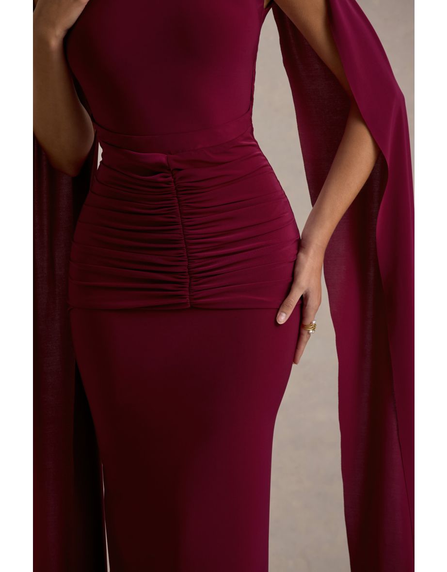 Saige | Burgundy Cap-Sleeve Gathered Maxi Dress - 5
