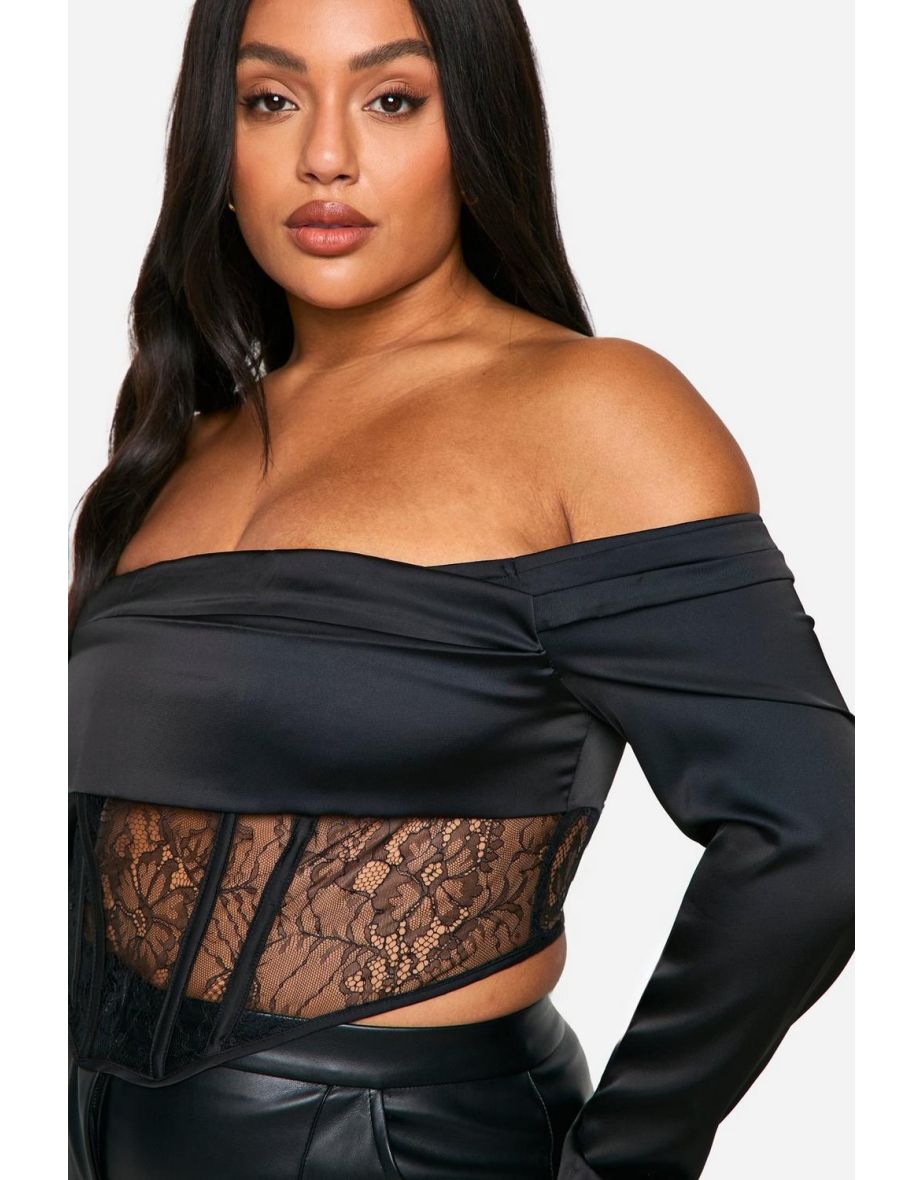 Plus Bardot Pleated Lace Bodice Corset Top - 3
