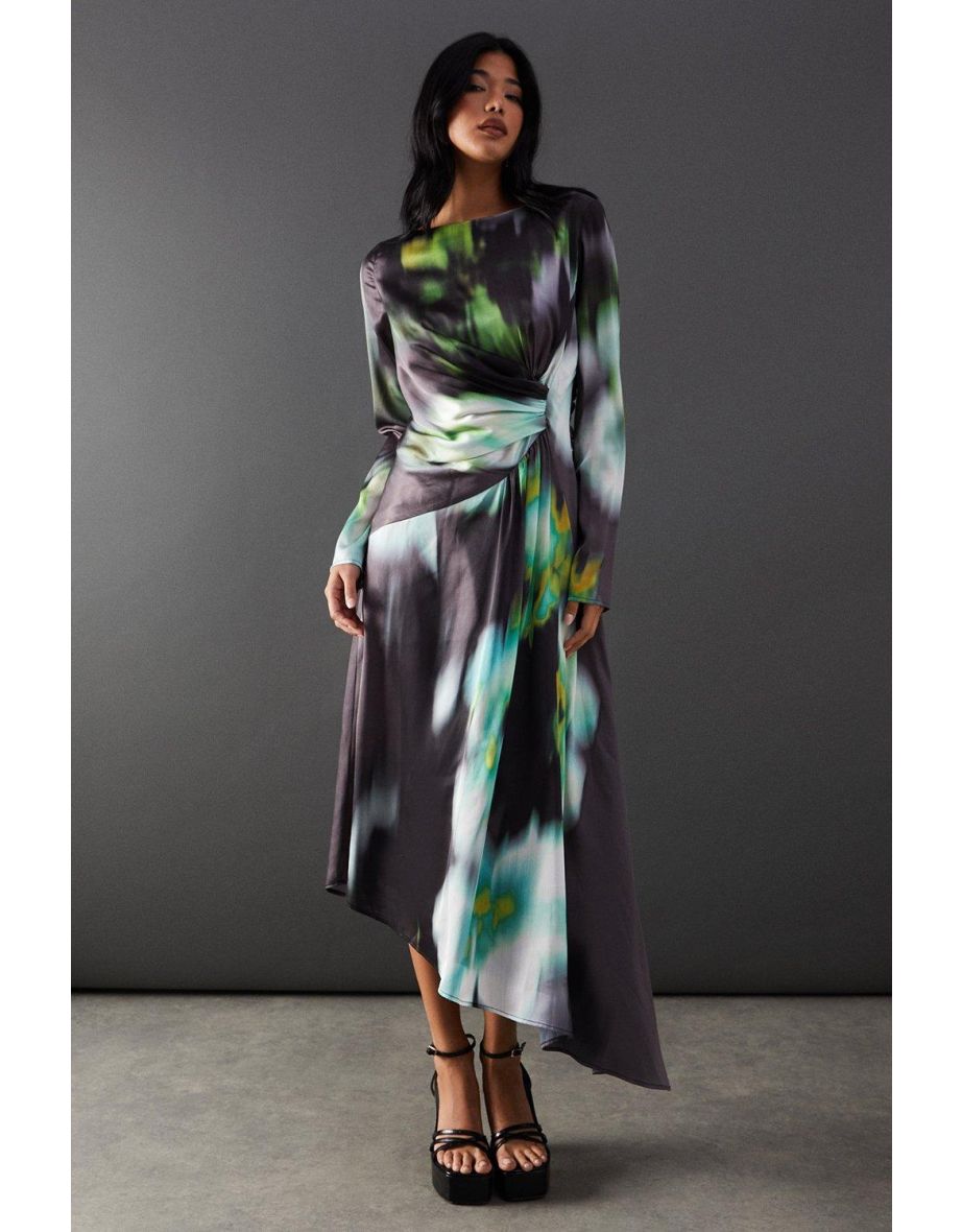 Printed Satin Knot Front Asymmetric Hem Maxi Dress
