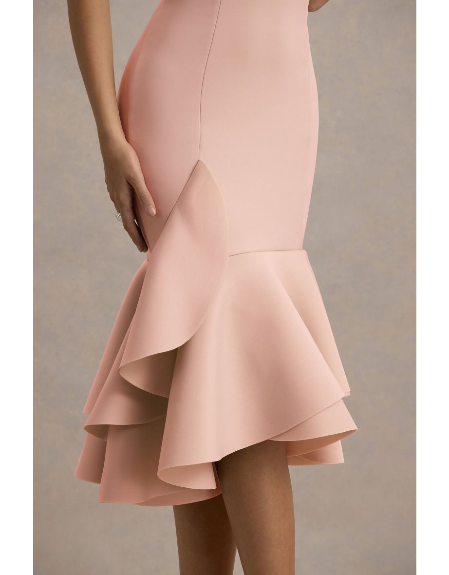 Arla | Pink Halter Neck Ruffle Trim Midi Dress - 5