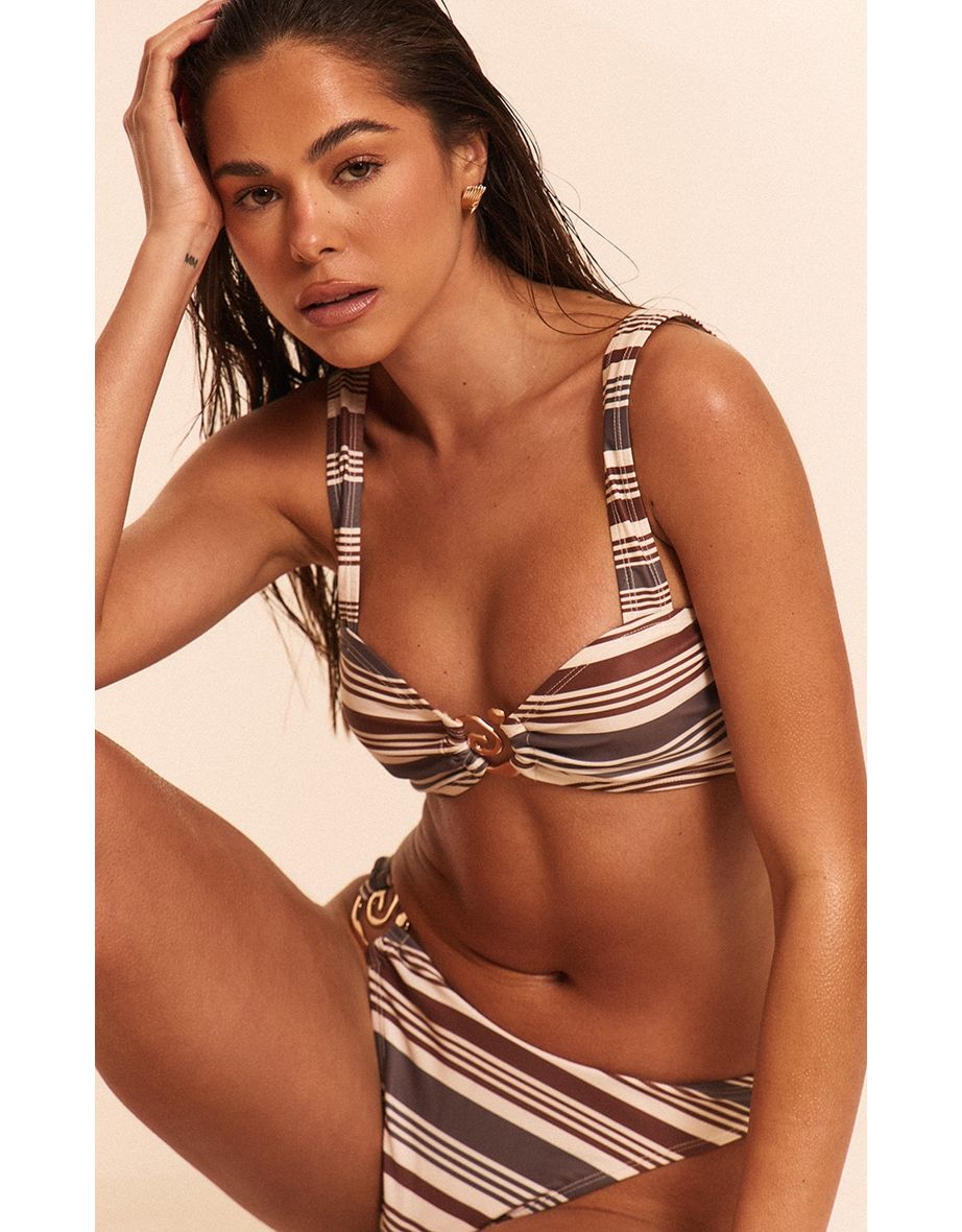 Brown Stripe Swirl Trim Bikini Top