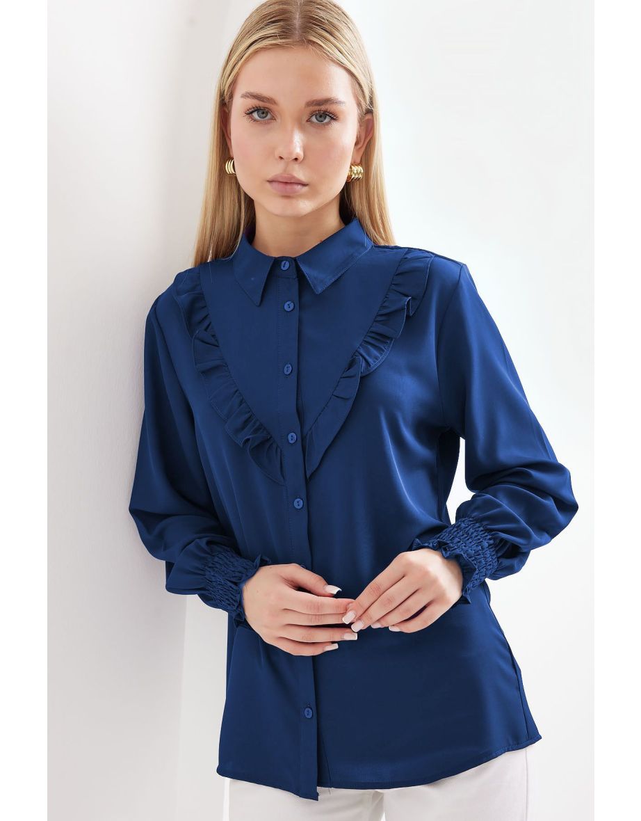 Ruffled Long Sleeve Shirt - D. İndigo