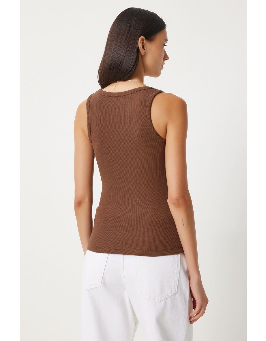 Women's Brown Biscuit 2-Piece Ribbed Thick Strappy Knitted Undershirt - 7