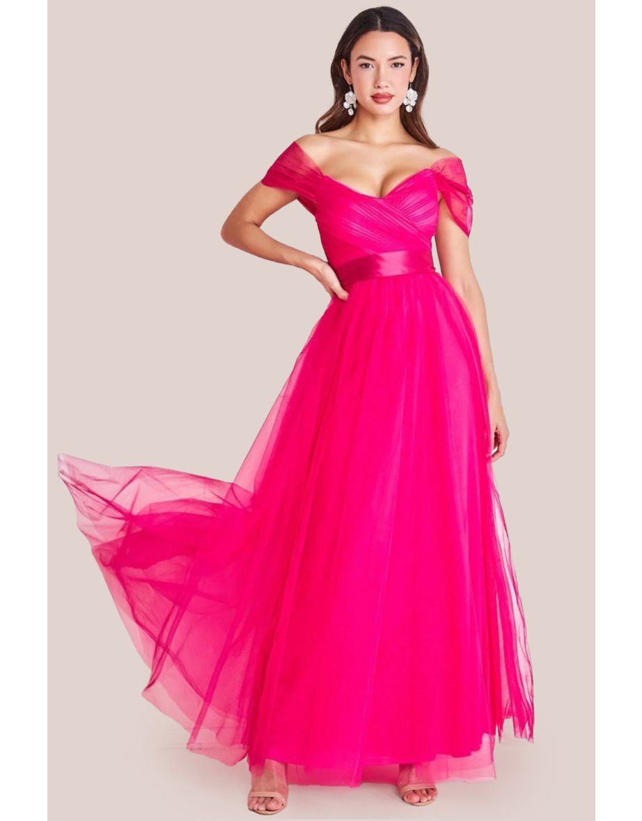 Goddiva Off The Shoulder Princess Maxi Dress - Hotpink
