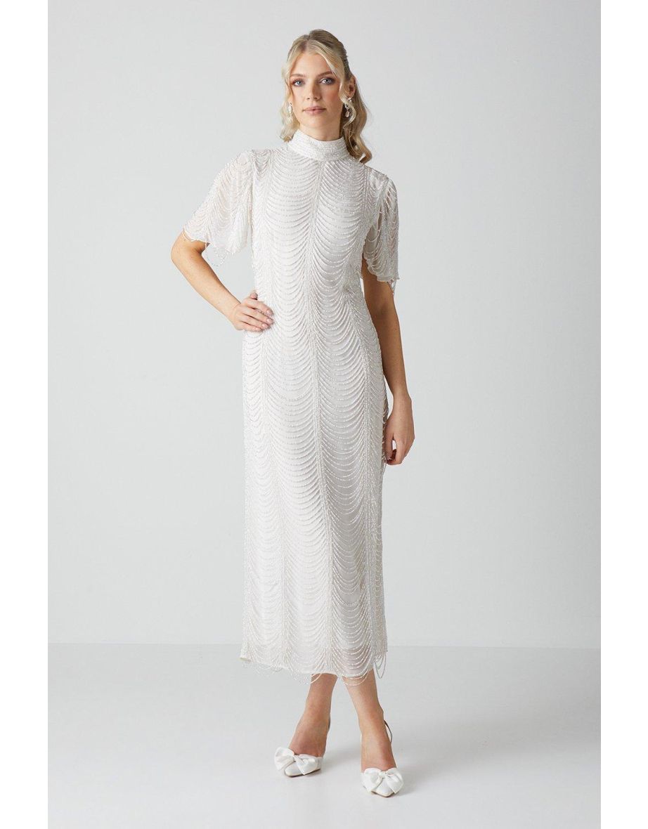 Draped Bearl And Beaded Fringe Angel Sleeve Wedding Dress
