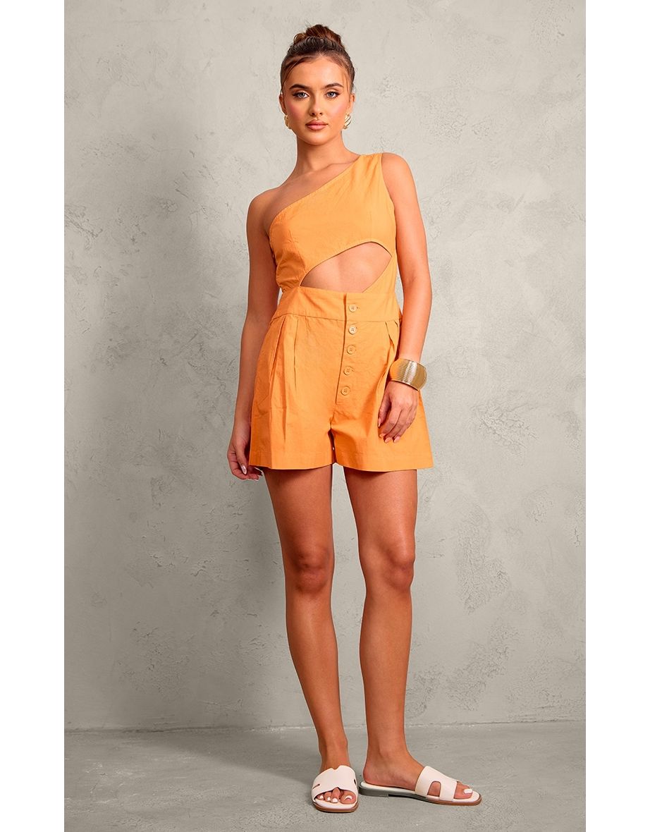 Shop Bright Orange One Shoulder Cut Out Playsuit Online in Qatar VogaCloset