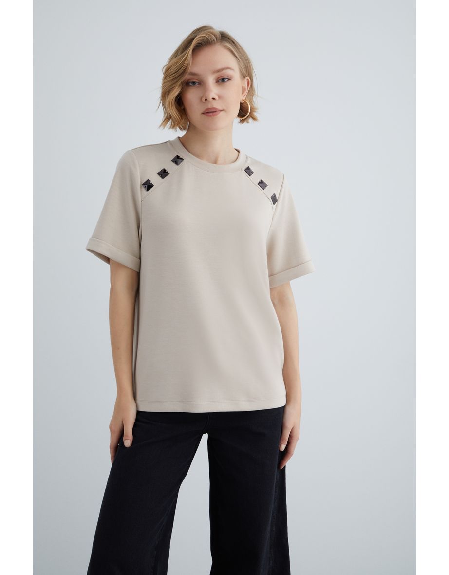 Beige Comfort Fit Double Sleeve T-Shirt