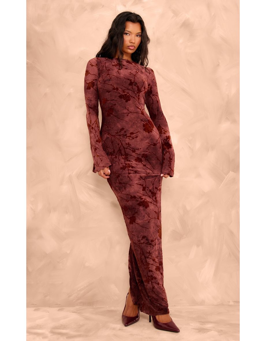 Shop Burgundy Floral Devore Long Sleeve Tie Waist Maxi Dress Online in Bahrain VogaCloset