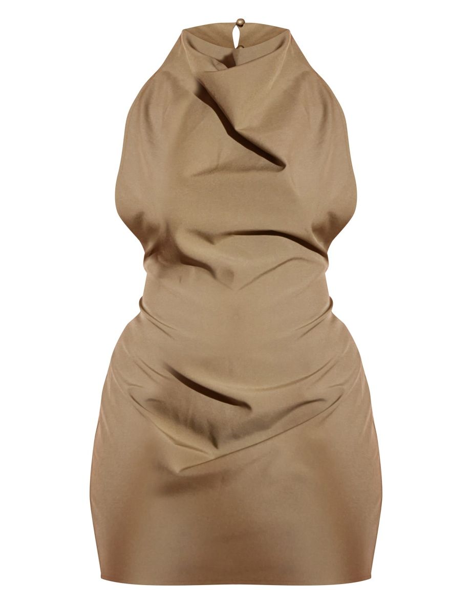 Plus Khaki High Neck Cowl Backless Bodycon Dress - 4
