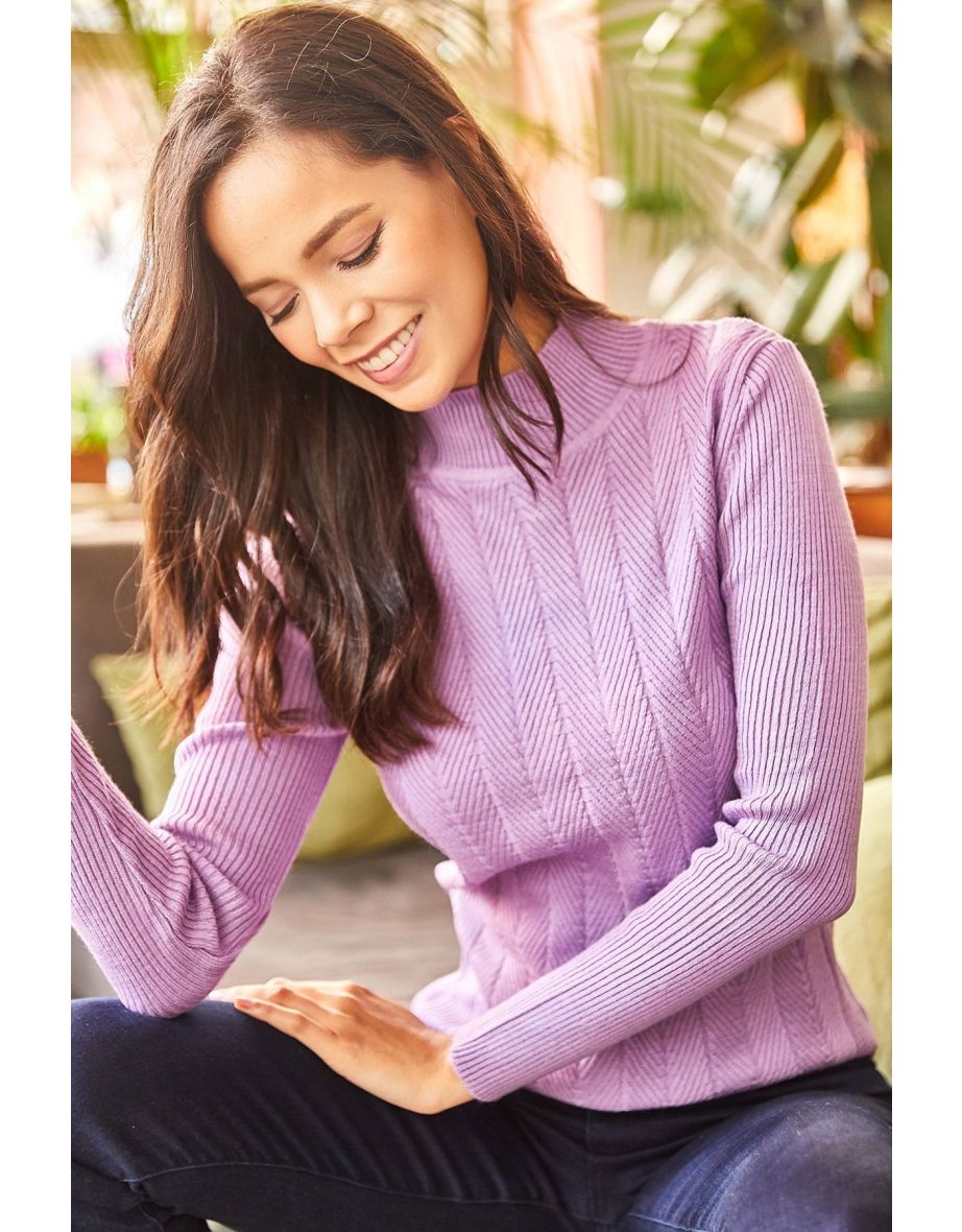 Women's Lilac Half Turtleneck Zigzag Textured Soft Knitwear Sweater