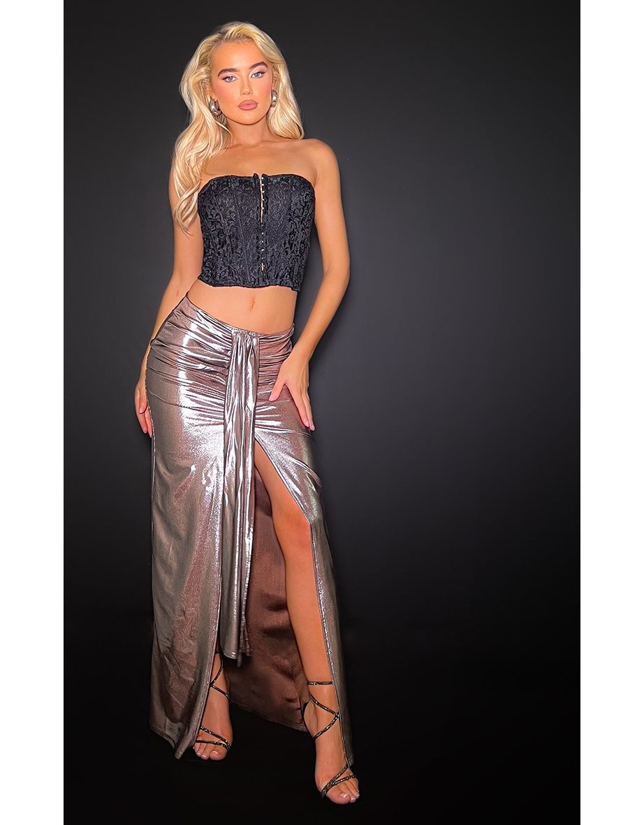 Shop Chocolate Metallic Drape Front Maxi Skirt Online in Bahrain VogaCloset