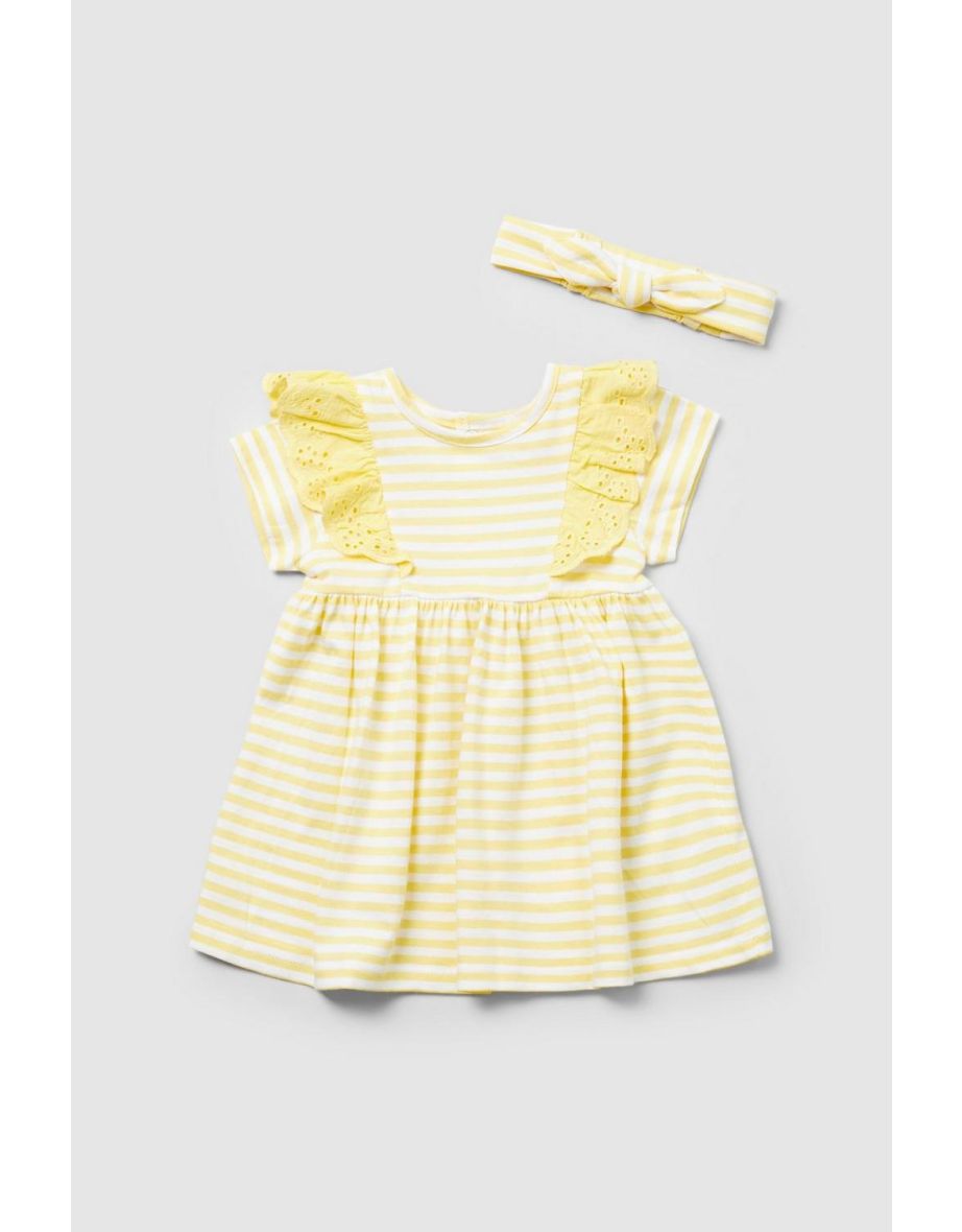Baby Girls Yellow Trim Dress & H/band - yellow
