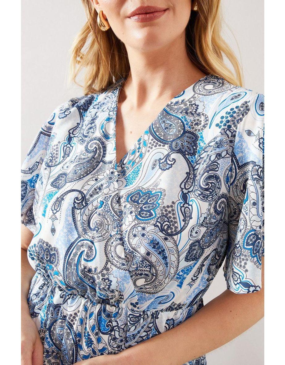 Blue Paisley Flutter Sleeve Midi Dress - 3