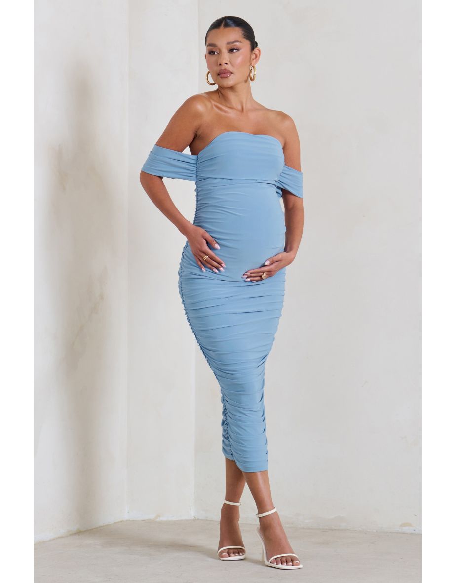 Plus One | Powder Blue Ruched Bardot Midi Dress - 4