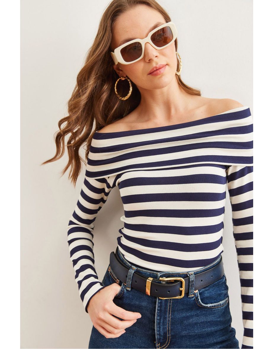 Women's Thick Striped Navy Blue Madonna Collar Soft Touch Flexible Top