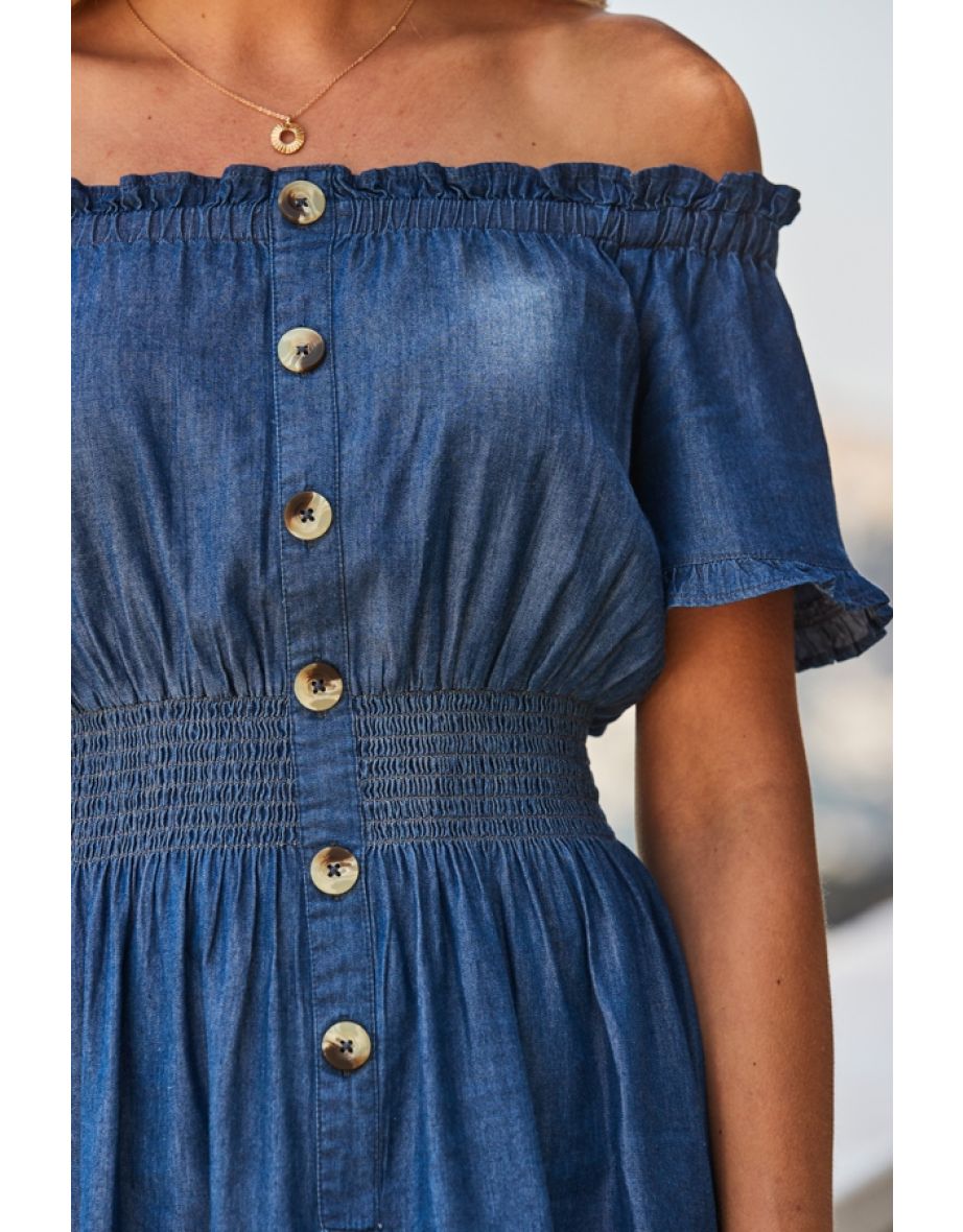 Dark Indigo Shirred Waist Bardot Denim Dress - 4