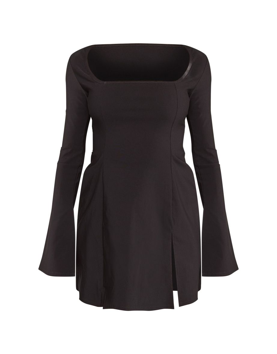 Black A-Line Mini Dress with Long Sleeve - 4