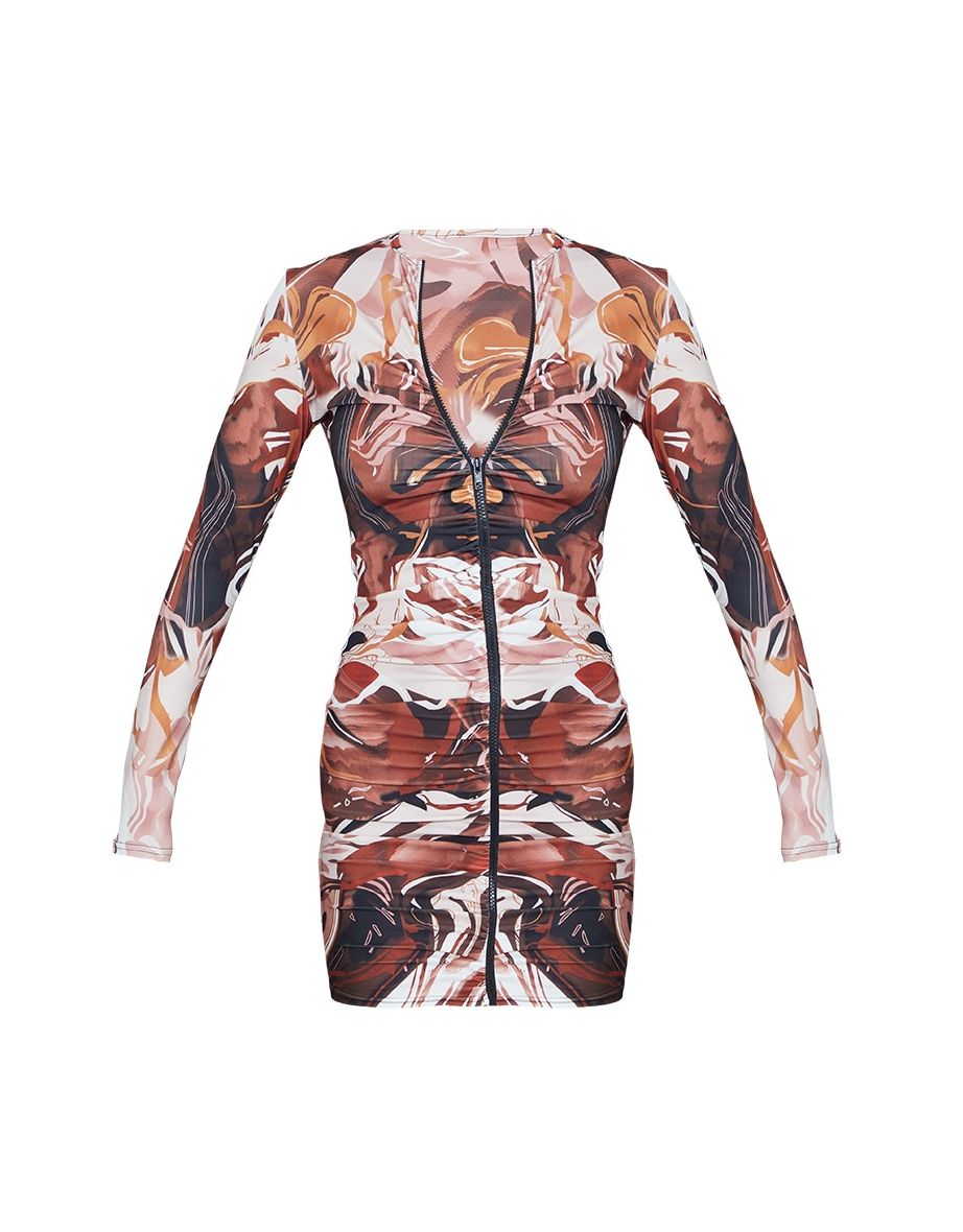 Chocolate Abstract Print Slinky Ruched Zip Through Bodycon Dress - 4