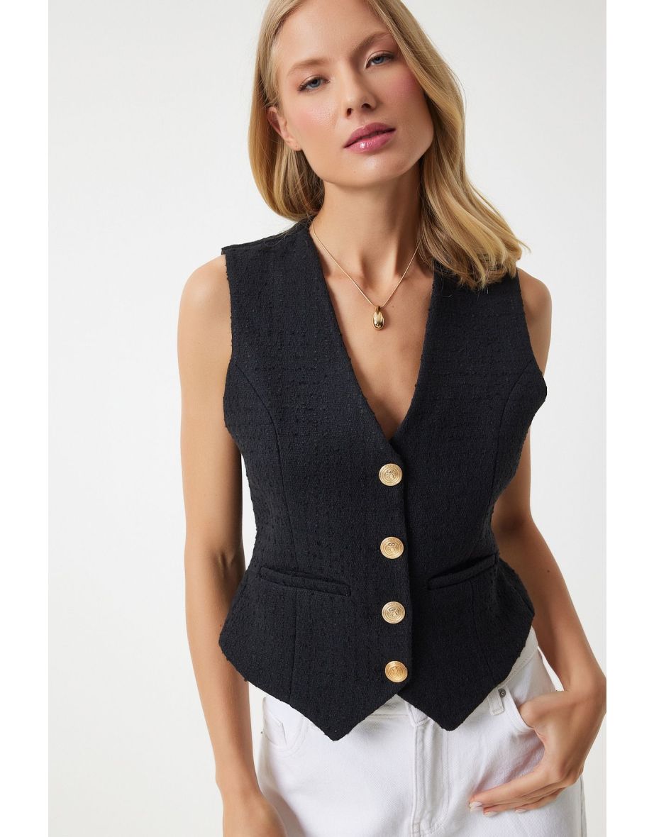 Women's Black Metal Button Detailed Tweed Waistcoat