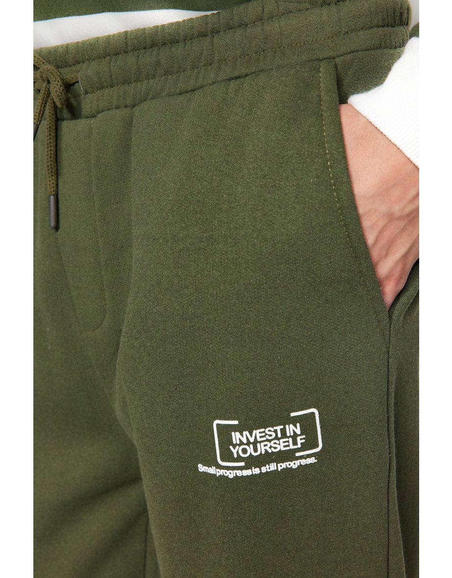 Khaki Regular/Normal Cut Minimal Fluffy Text Printed Thick Sweatpants with Fleece Inside - 7