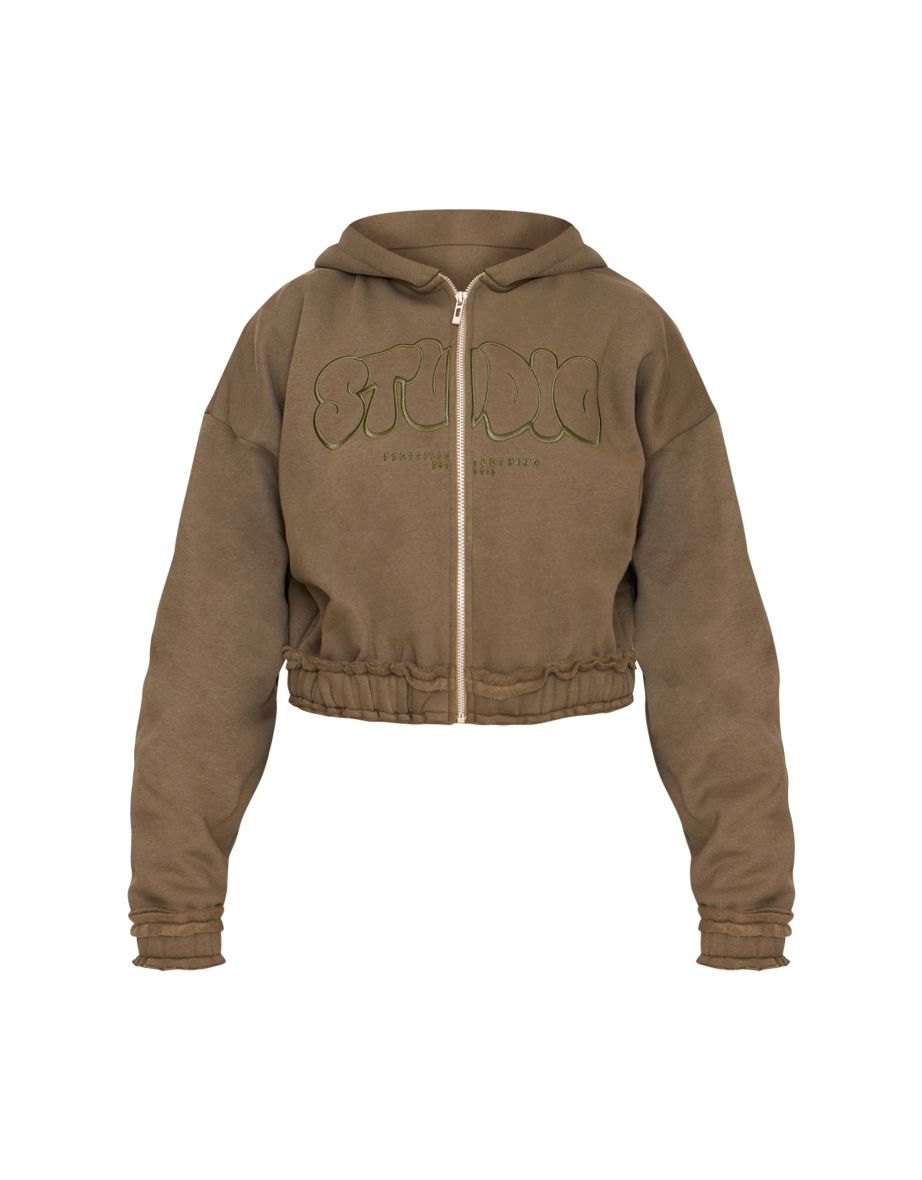 PRETTYLITTLETHING Taupe Studio Embroidered Raw Hem Detail Zip Up Hoodie - 4