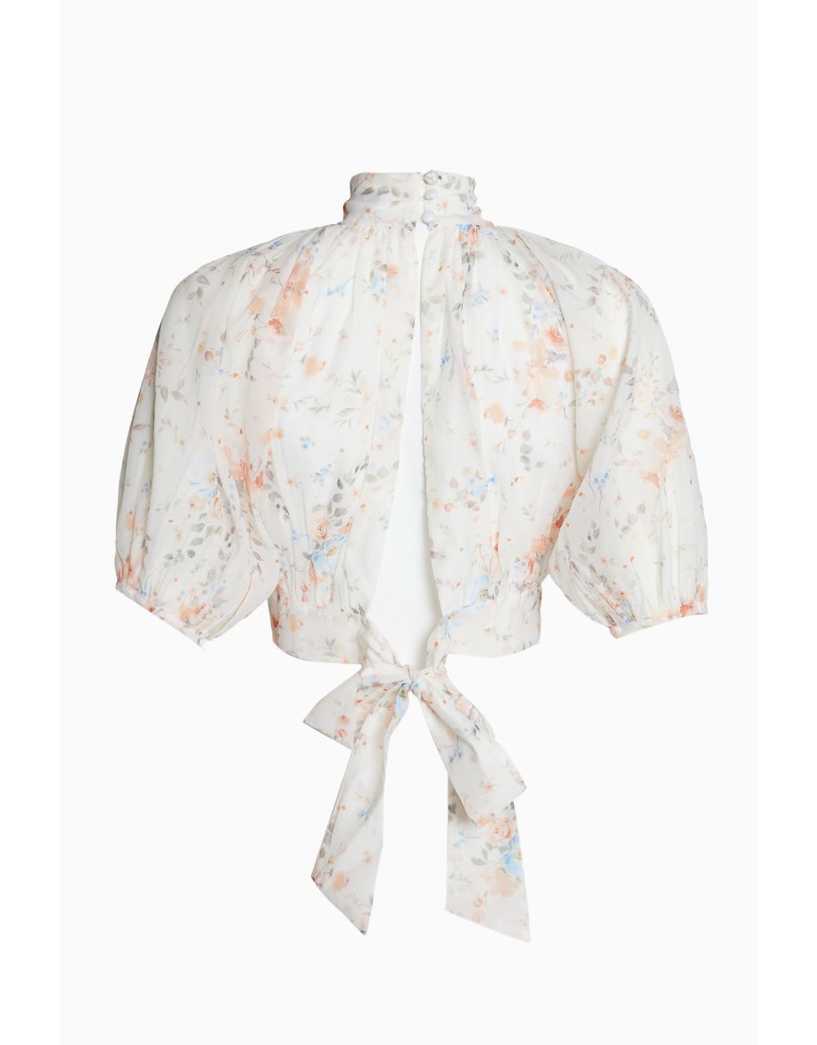 Harper Co-ord Cream Watercolour Organza Puff Sleeve Crop Top - 3