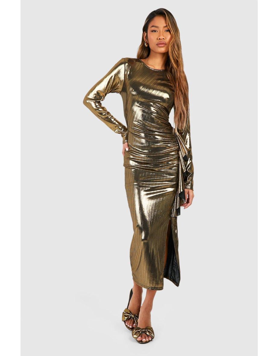 Shop Metallic Long Sleeve Frill Ruched Midaxi Dress gold Online in Qatar VogaCloset