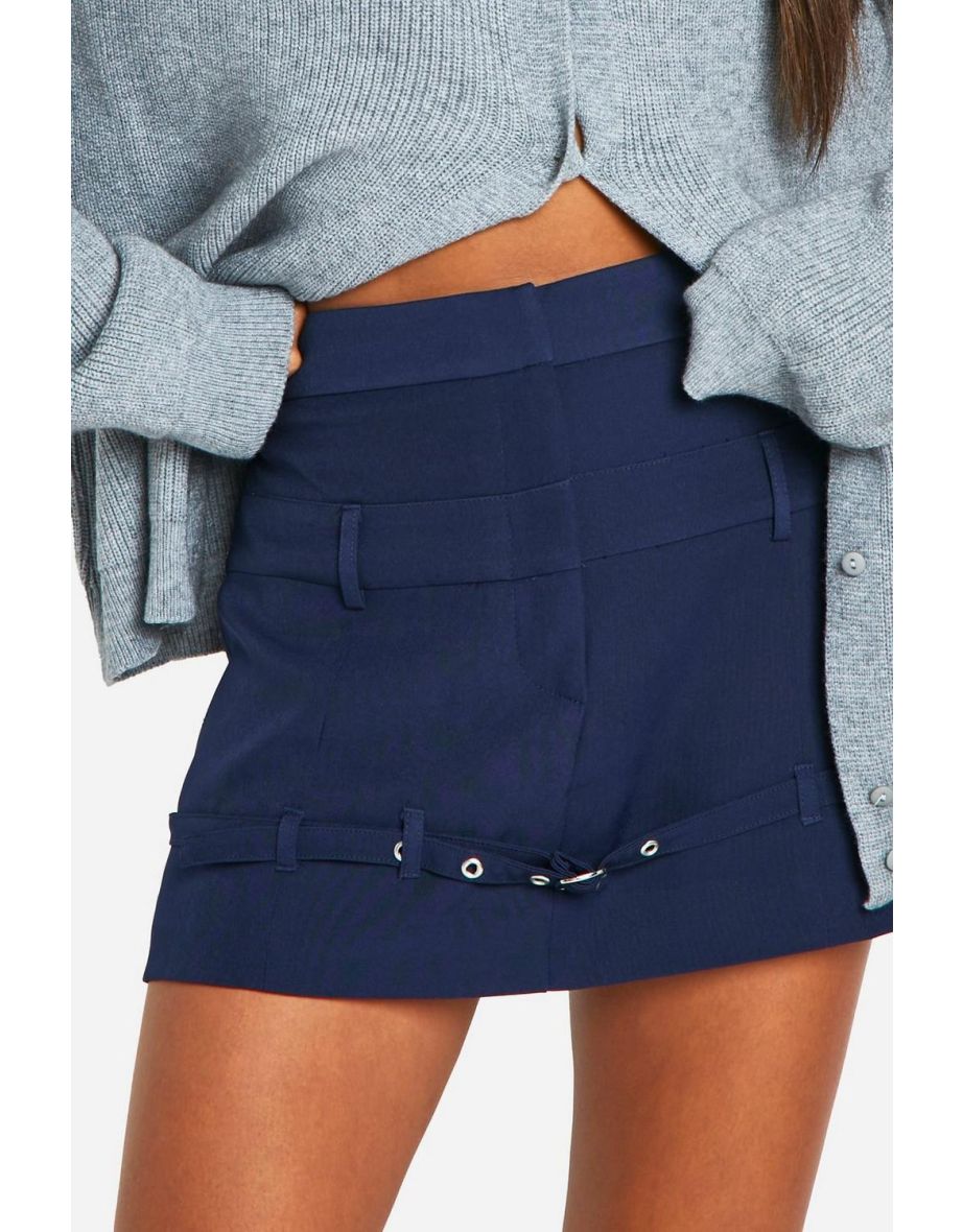 Dual Waistband Detail Clean Mini Skirt - navy - 3