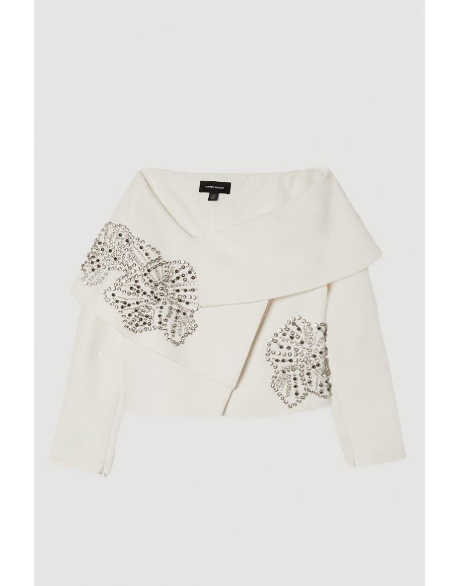 Placed Floral Crystal Embellished Tailored Asymmetric Jacket - 3
