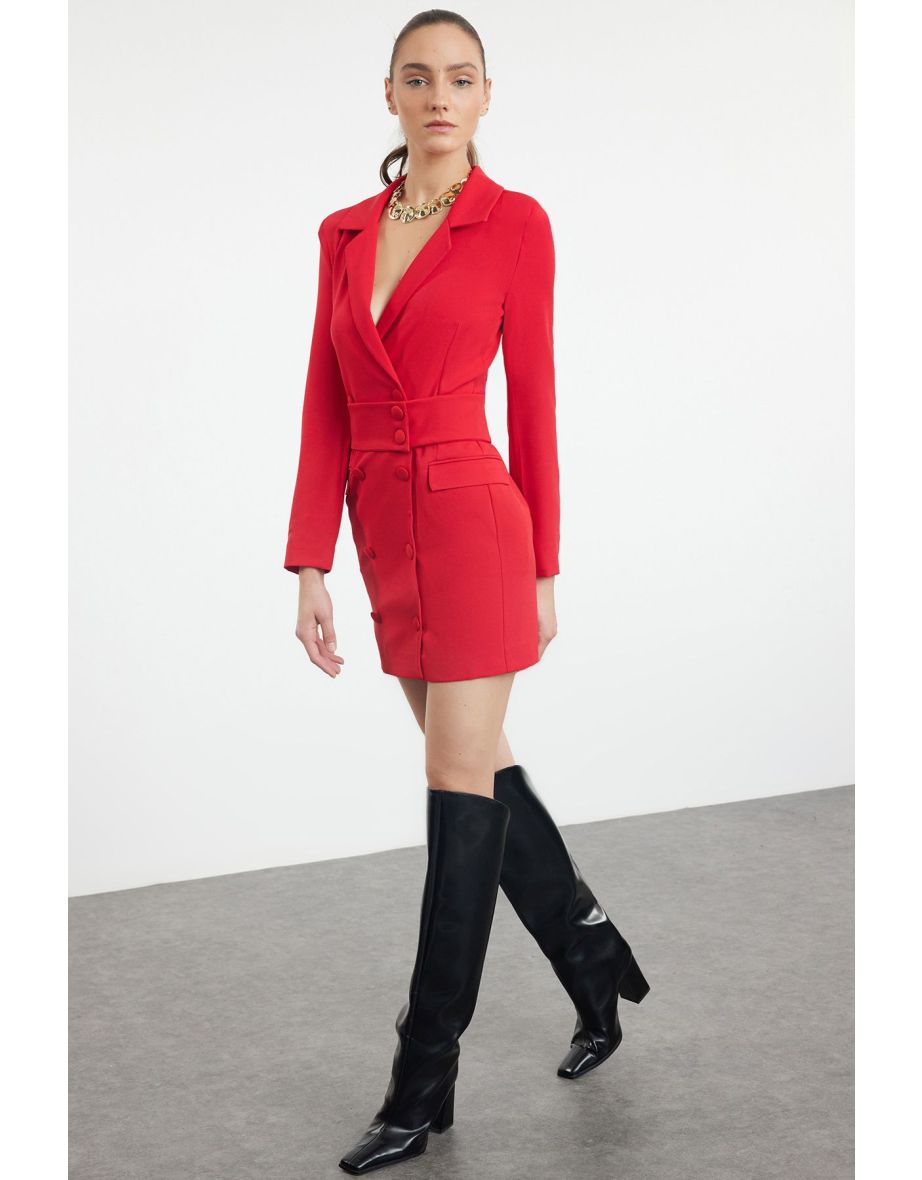 Red Bodycon Mini Blazer Dress with Long Sleeves