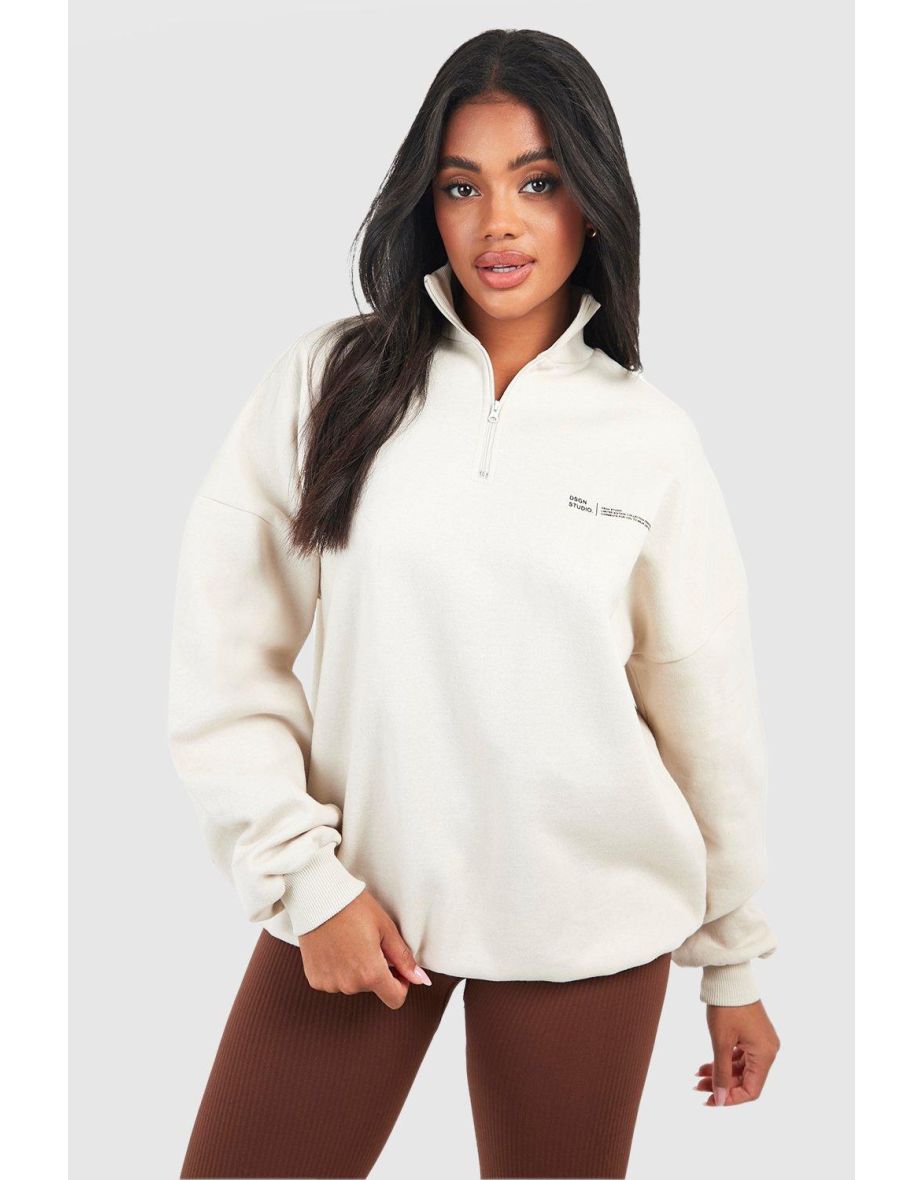 Text Print Slogan Oversized Half Zip Sweatshirt - stone