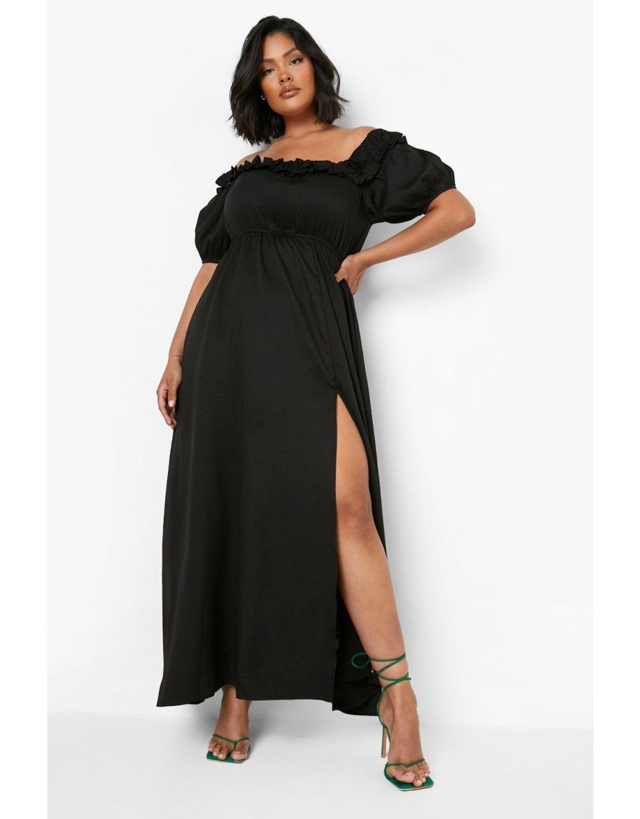 Plus Off Shoulder Ruffle Split Maxi Dress - black