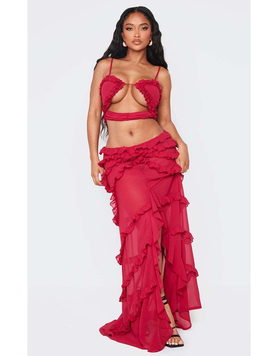 Shape Red Frill Edge Cut Out Crop Top