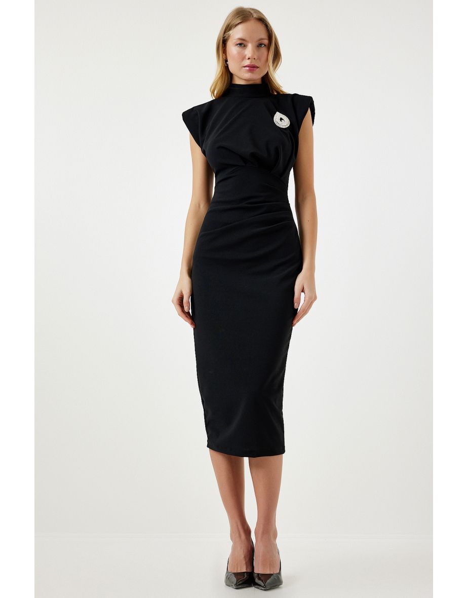 Women's Black Elegant Brooch Gathered Wrap Knitted Dress