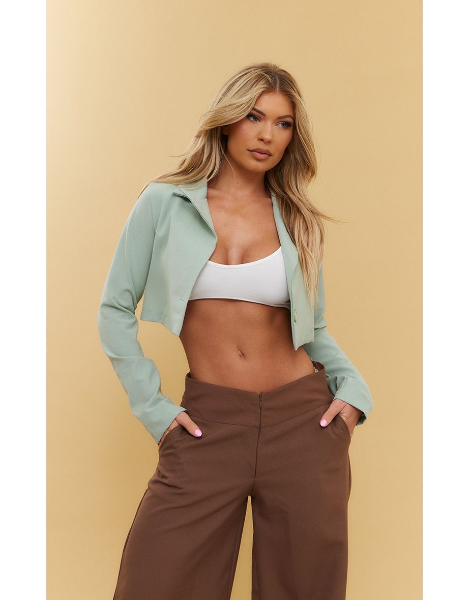 Sage Basic Button Front Cropped Blazer
