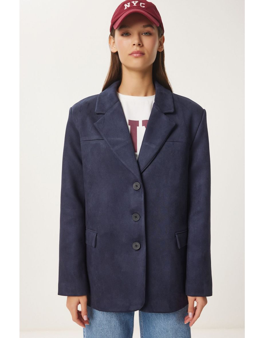 Women's Dark Navy Blue Premium Suede Blazer Jacket - 8