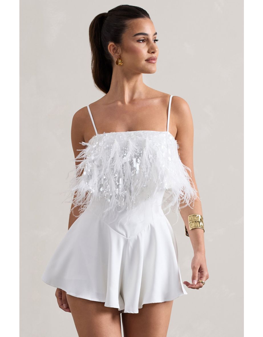 Zeppelin | White Embellished Strappy Playsuit With Feathers - 7
