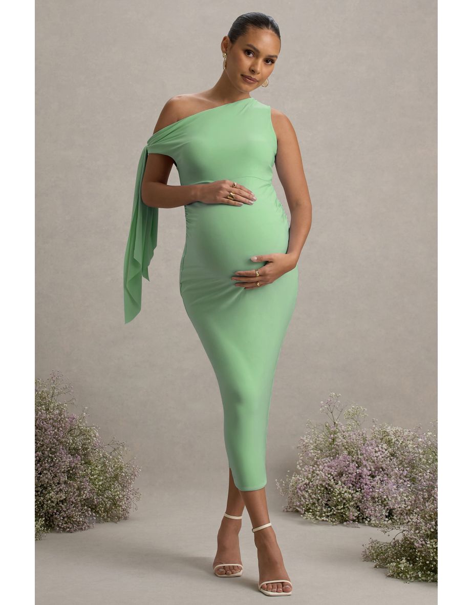 Katarine | Light Green Asymmetric Knot Maternity Midi Dress - 5