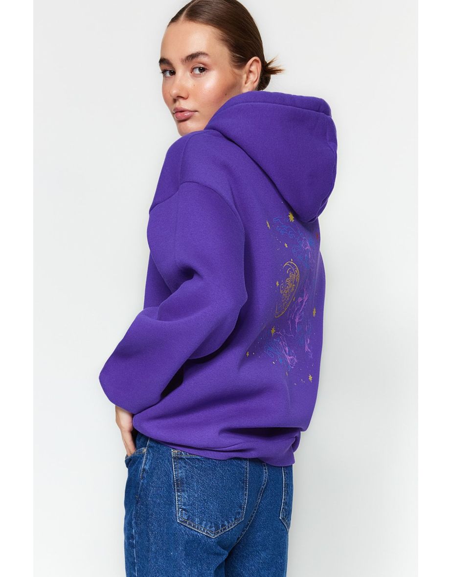 Purple Thick Fleece Hooded Printed Oversize/Wide Fit Knitted Sweatshirt - 7