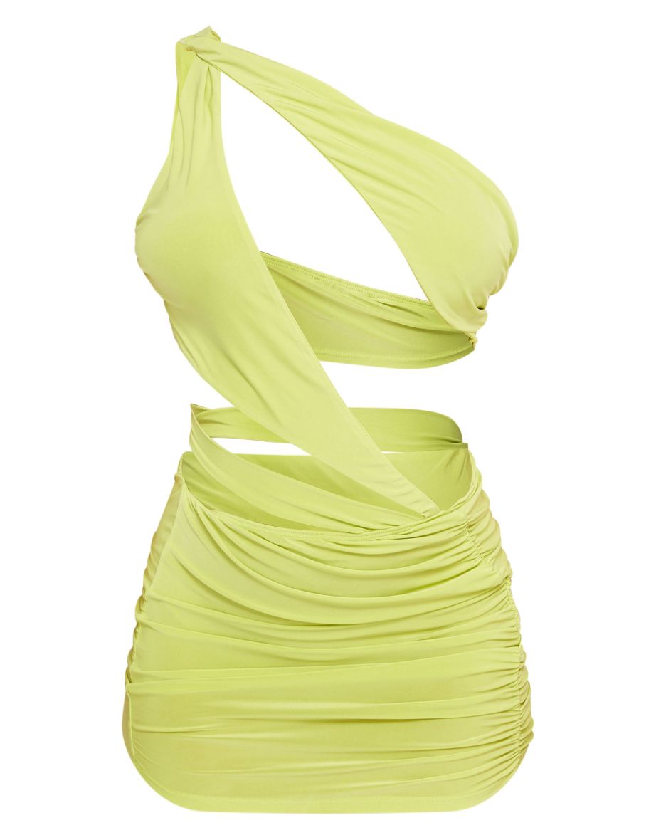 Lime Slinky One Shoulder Cut Out Low Waist Bodycon Dress - 4