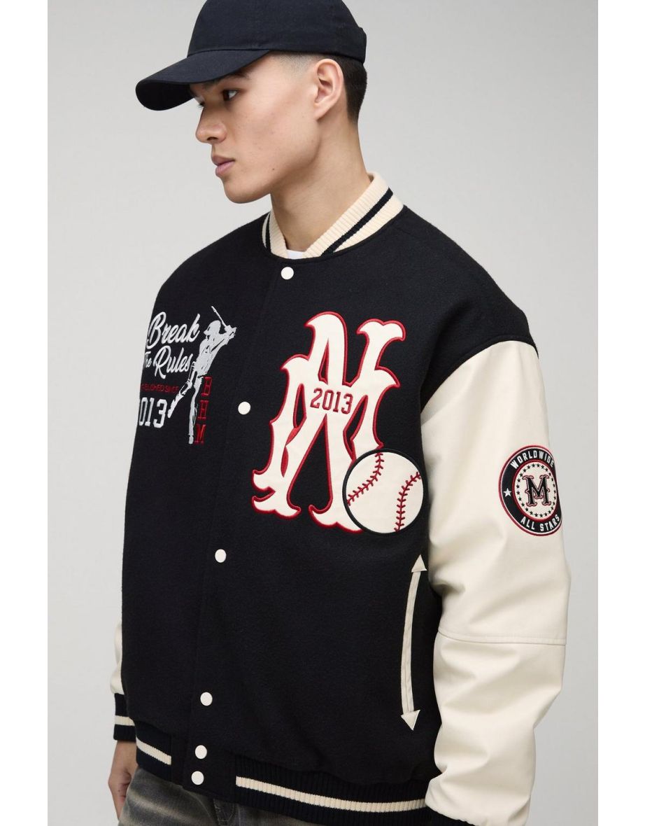 Oversized Baseball Varsity Bomber Jacket - black - 2