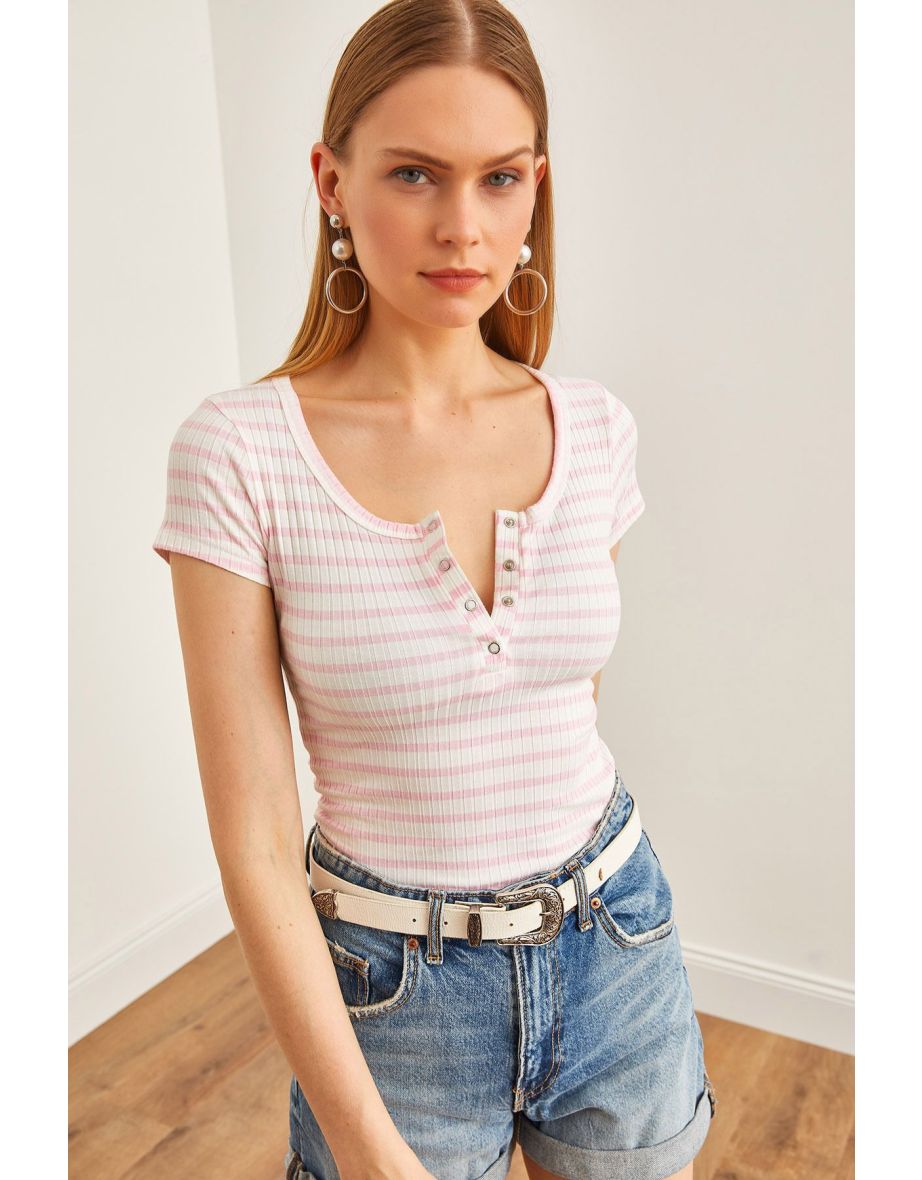 Women's Thick Ribbed Pink Snap Camisole Blouse